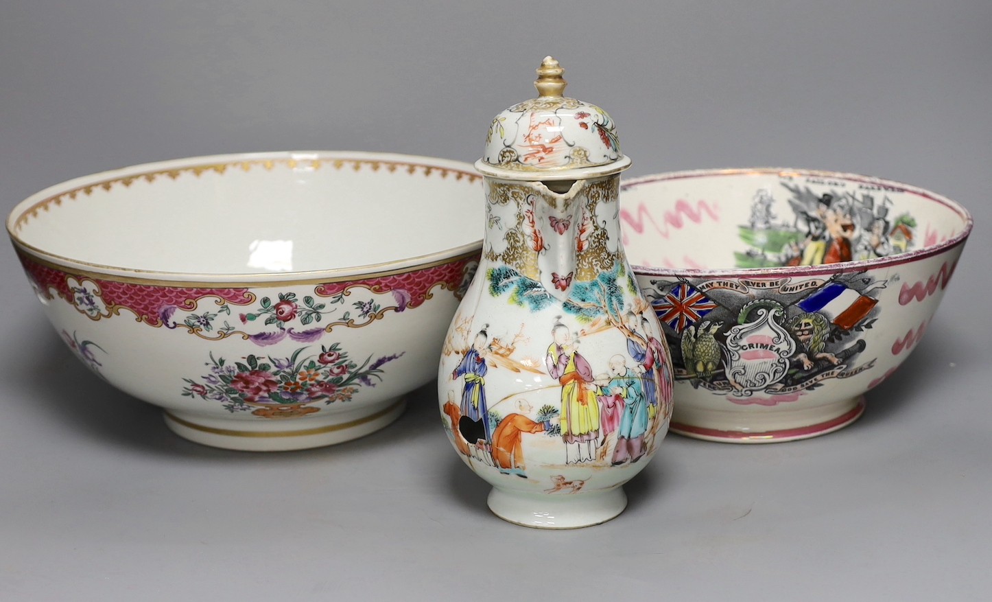 A Sunderland pink lustre sailor's bowl, marked Scott(?), together with a Paris porcelain 'one bowl more and then' bowl, and a 18th century Chinese famille rose hot water pot, tallest 23cm (3)